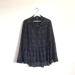 Torrid Black Purple Green Polka Dot Semi Sheer Peplum Button Up Top Size 1X